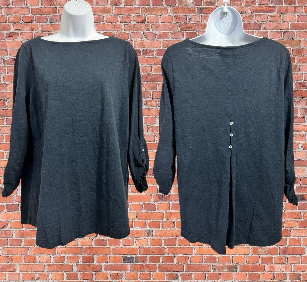 J.Jill Tunic Navy Blouse Sz M Long Roll Tab Sleeves Back Pleat Detail Top Cotton